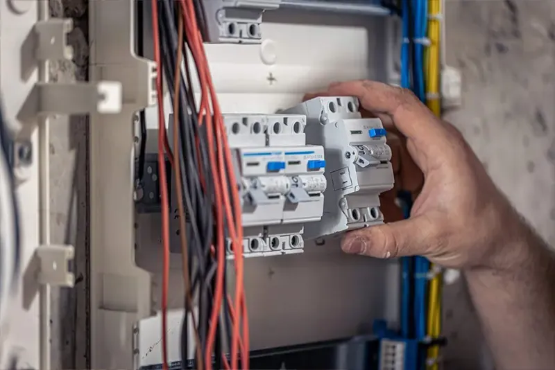 Caixa de comando elétrico aberta com contatores e relés para acionamento de bombas